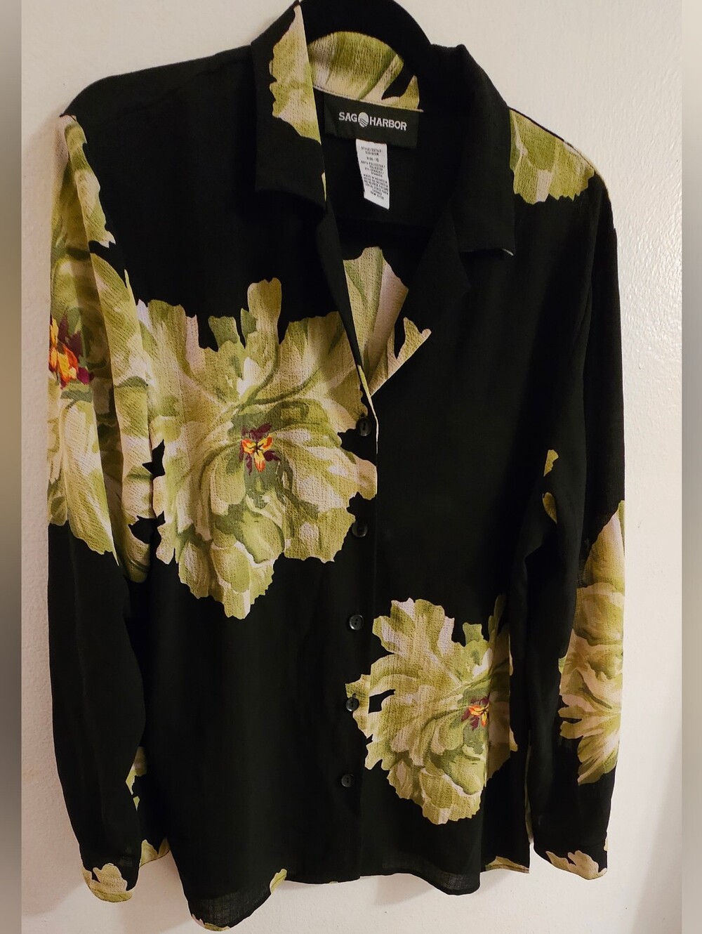 Sag Harbor Black Button-Down Shirt with Green Floral Print